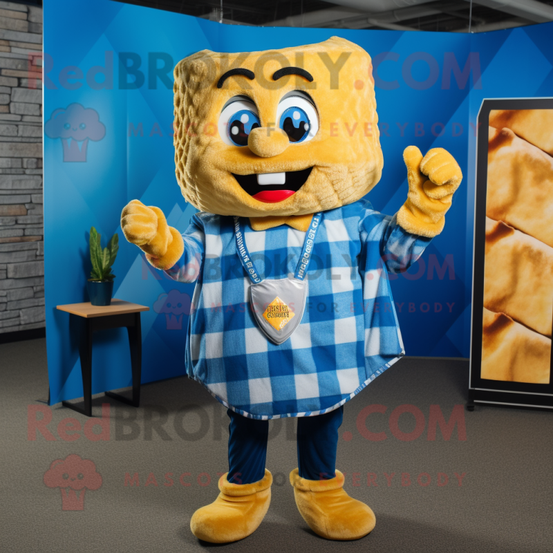 Blue Grilled Cheese Sandwich mascot costume character dressed with a Flannel Shirt and Necklaces