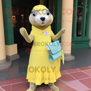 Lemon Yellow Otter mascot costume character dressed with a Empire Waist Dress and Clutch bags