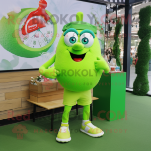 Lime Green Shakshuka mascot costume character dressed with a Polo Tee and Bracelet watches