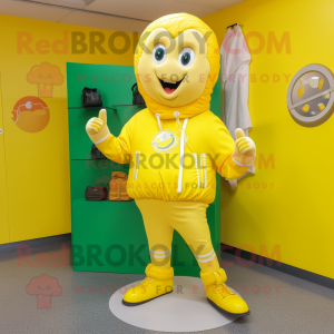 Lemon Yellow Irish Dancing Shoes mascot costume character dressed with a Hoodie and Messenger bags