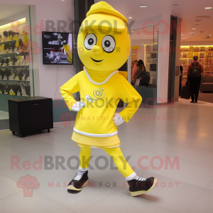 Lemon Yellow Irish Dancing Shoes mascot costume character dressed with a Hoodie and Messenger bags