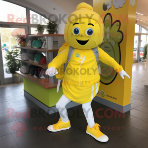 Lemon Yellow Irish Dancing Shoes mascot costume character dressed with a Hoodie and Messenger bags