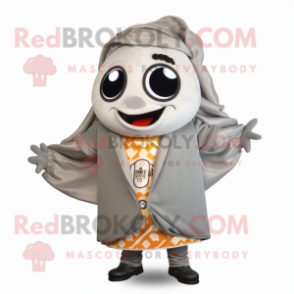Gray Enchiladas mascot costume character dressed with a Jacket and Wraps