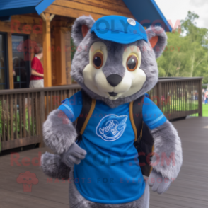 Blue Mongoose mascot costume character dressed with a Rugby Shirt and Backpacks