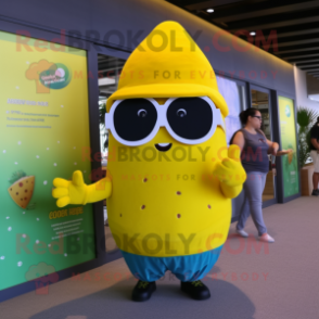 Yellow Raspberry mascot costume character dressed with a Cover-up and Sunglasses