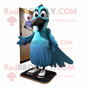 Cyan Blackbird mascot costume character dressed with a Evening Gown and Shoe laces