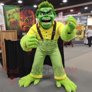 Lime Green Frankenstein'S Monster mascot costume character dressed with a Corduroy Pants and Bracelets