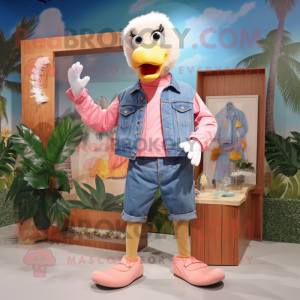 Cream Flamingo mascot costume character dressed with a Denim Shorts and Gloves