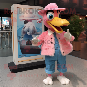 Cream Flamingo mascot costume character dressed with a Denim Shorts and Gloves