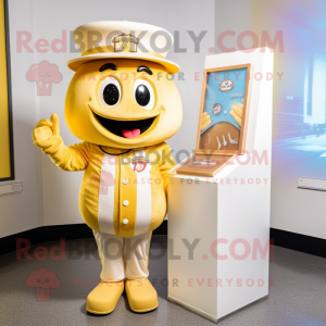 Gold Candy Box mascot costume character dressed with a Baseball Tee and Hat pins