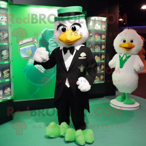 Green Fried Chicken mascot costume character dressed with a Tuxedo and Coin purses