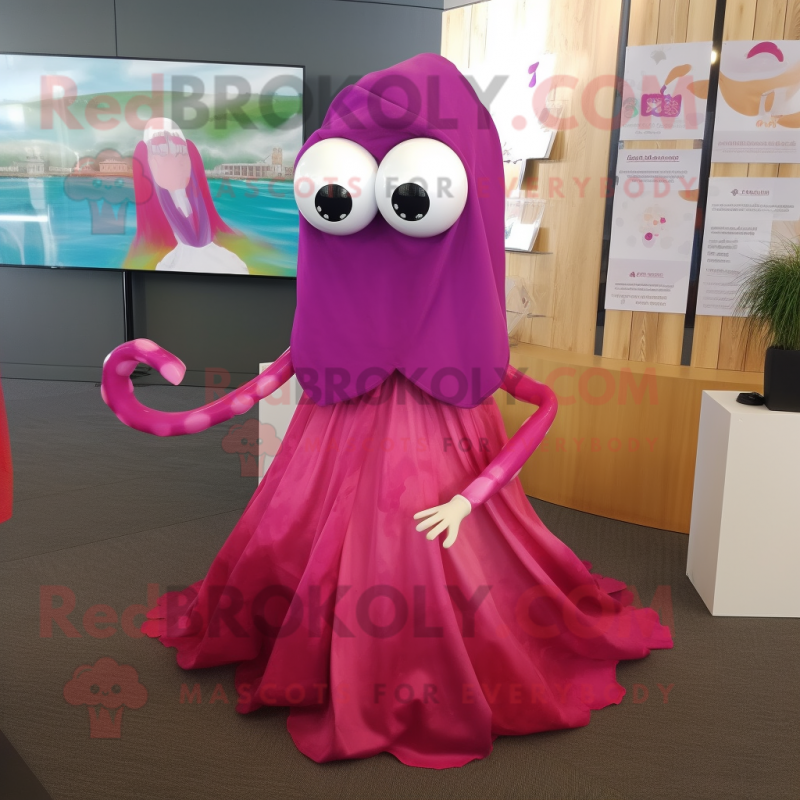 Magenta Squid mascot costume character dressed with a Wedding Dress and Coin purses
