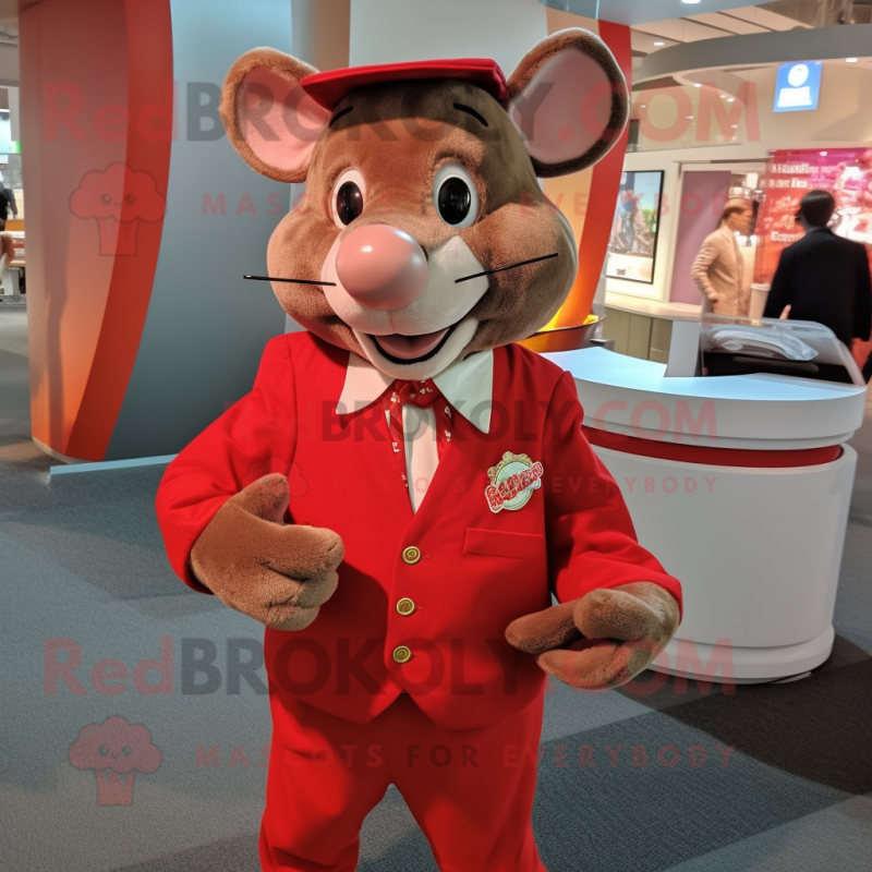 Red Rat mascot costume character dressed with a Playsuit and Tie pins