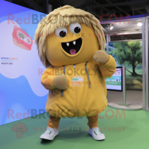 Tan Mango mascot costume character dressed with a Parka and Shoe laces