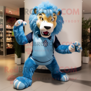 Blue Tamer Lion mascot costume character dressed with a Henley Tee and Foot pads