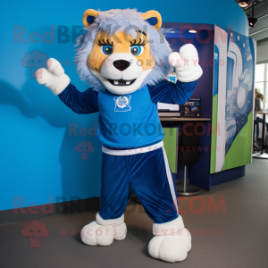 Blue Tamer Lion mascot costume character dressed with a Henley Tee and Foot pads