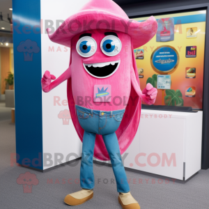 Pink Fajitas mascot costume character dressed with a Denim Shorts and Lapel pins