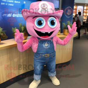 Pink Fajitas mascot costume character dressed with a Denim Shorts and Lapel pins