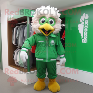 Forest Green Fried Chicken mascot costume character dressed with a Windbreaker and Brooches
