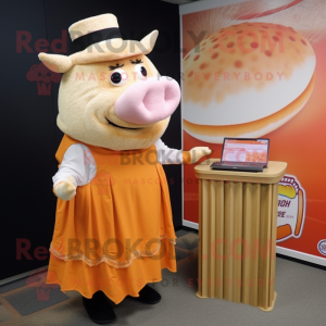 Peach Pulled Pork Sandwich mascot costume character dressed with a Pencil Skirt and Shawl pins