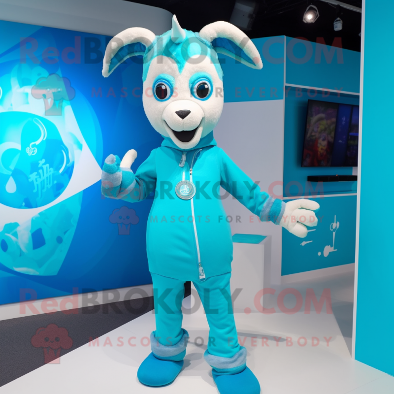 Cyan Goat mascot costume character dressed with a Bodysuit and Keychains