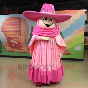 Pink Fajitas mascot costume character dressed with a Pleated Skirt and Hat pins