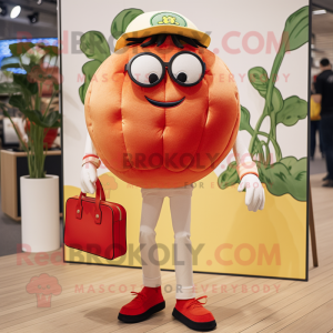 Cream Tomato mascot costume character dressed with a Skinny Jeans and Handbags