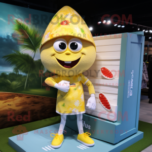 Lemon Yellow Pad Thai mascot costume character dressed with a Board Shorts and Cufflinks