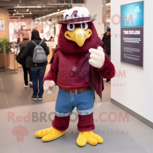 Maroon Eagle mascot costume character dressed with a Jeans and Hats