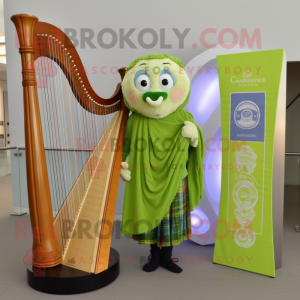 Lime Green Celtic Harp mascot costume character dressed with a Oxford Shirt and Shawls