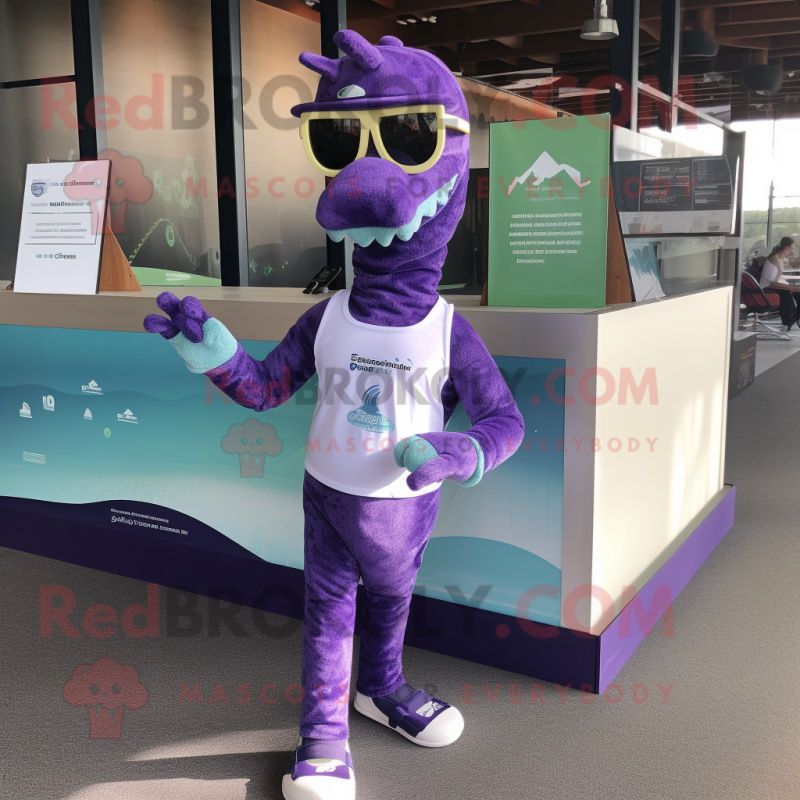 Purple Loch Ness Monster mascot costume character dressed with a ...