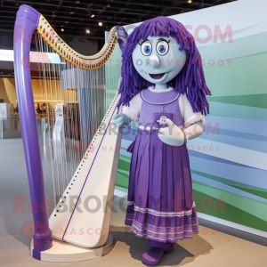 Purple Celtic Harp mascot costume character dressed with a Mini Skirt and Shoe laces