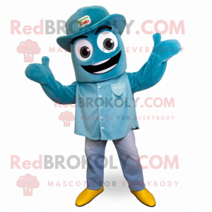 Teal Enchiladas mascot costume character dressed with a Denim Shirt and Caps