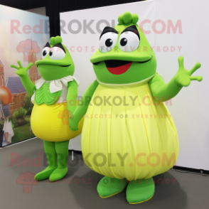 Lime Green Moussaka mascot costume character dressed with a Evening Gown and Suspenders