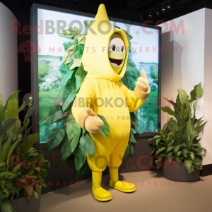 Yellow Beanstalk mascot costume character dressed with a Hoodie and Digital watches