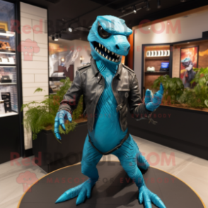 Cyan Velociraptor mascot costume character dressed with a Leather Jacket and Eyeglasses