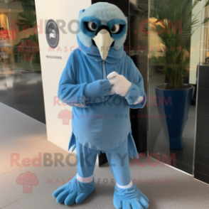 Sky Blue Vulture mascot costume character dressed with a Jumpsuit and Digital watches