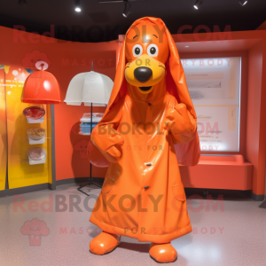 Orange Hot Dogs mascot costume character dressed with a Raincoat and Wallets