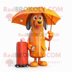 Orange Hot Dogs mascot costume character dressed with a Raincoat and Wallets