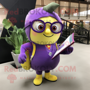 Purple Lemon mascot costume character dressed with a Jeggings and Reading glasses