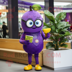 Purple Lemon mascot costume character dressed with a Jeggings and Reading glasses
