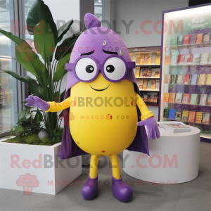 Purple Lemon mascot costume character dressed with a Jeggings and Reading glasses