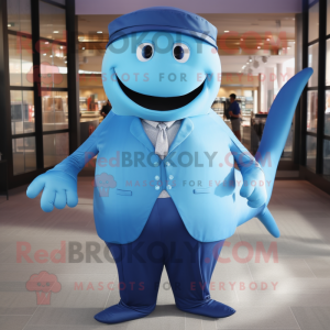 Blue Blue Whale mascot costume character dressed with a Vest and Tie pins