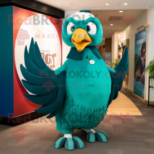 Teal Eagle mascot costume character dressed with a Maxi Skirt and Brooches