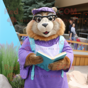 Lavender Marmot mascot costume character dressed with a Mom Jeans and Reading glasses