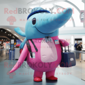 Pink Blue Whale mascot costume character dressed with a Dungarees and Handbags