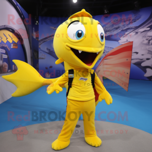 Yellow Barracuda mascot costume character dressed with a Playsuit and Messenger bags