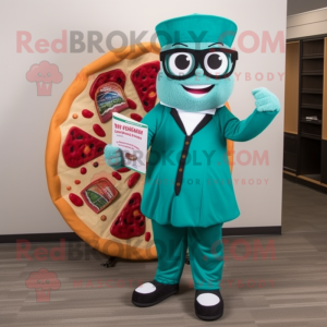 Teal Pizza Slice mascot costume character dressed with a Dress Pants and Reading glasses
