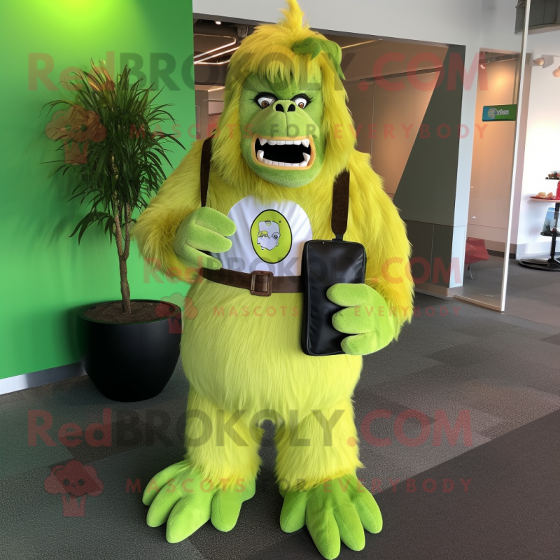 Lime Green Sasquatch mascot costume character dressed with a Poplin Shirt and Wallets