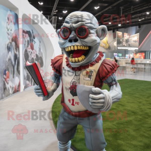 Gray Undead mascot costume character dressed with a Rugby Shirt and Reading glasses